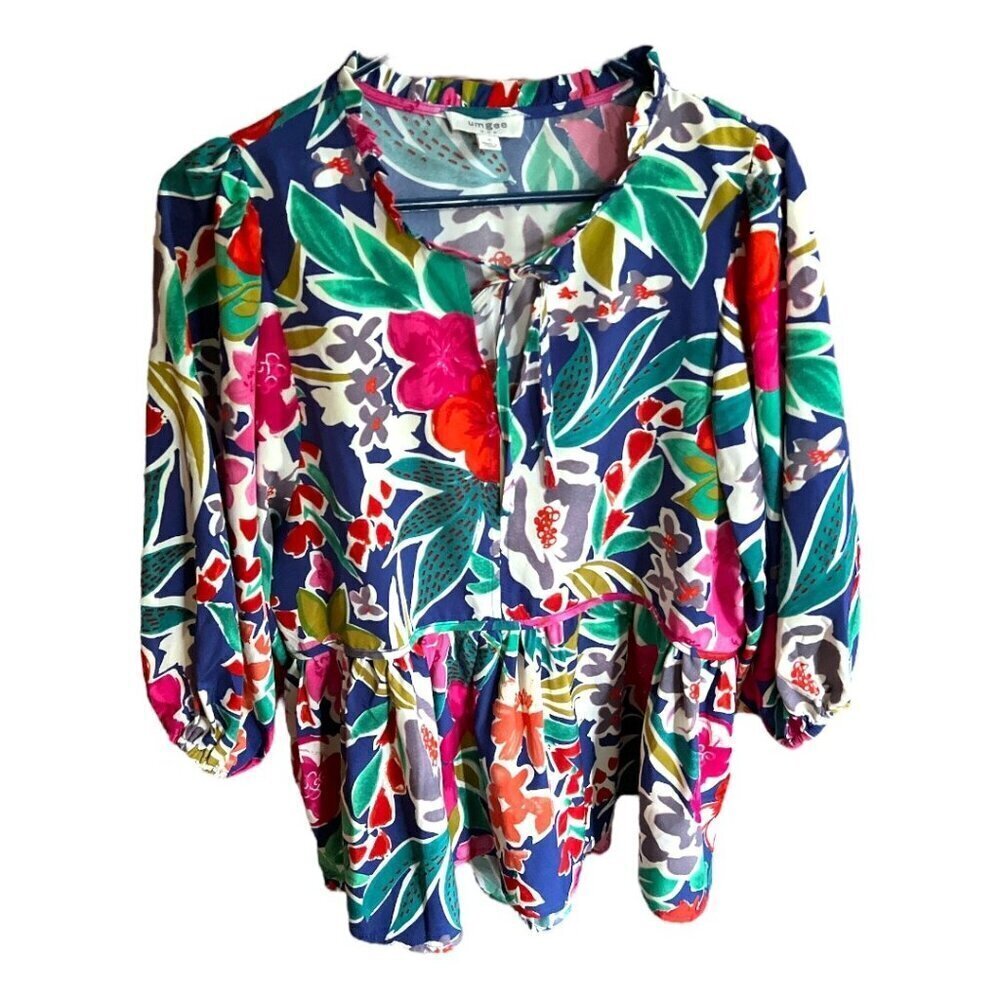 Umgee Boho Colorful Floral Oversized Boxy Peplum Hem Puff Sleeve Shirt Sz Small